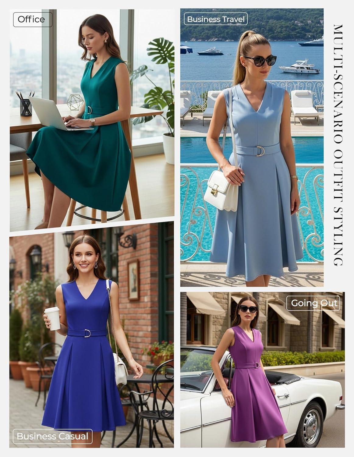 imageGRACE KARIN Work Dresses for Women 2026 V Neck Fit and Flare Midi Dresses Office Business Dress with Belt and PocketsDusty Blue