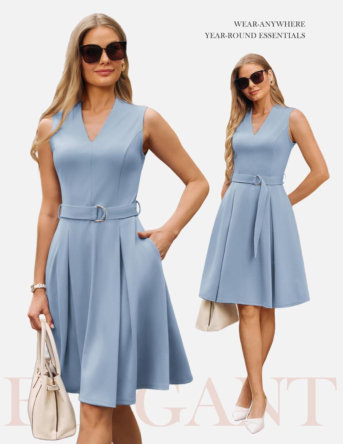 imageGRACE KARIN Work Dresses for Women 2026 V Neck Fit and Flare Midi Dresses Office Business Dress with Belt and PocketsDusty Blue