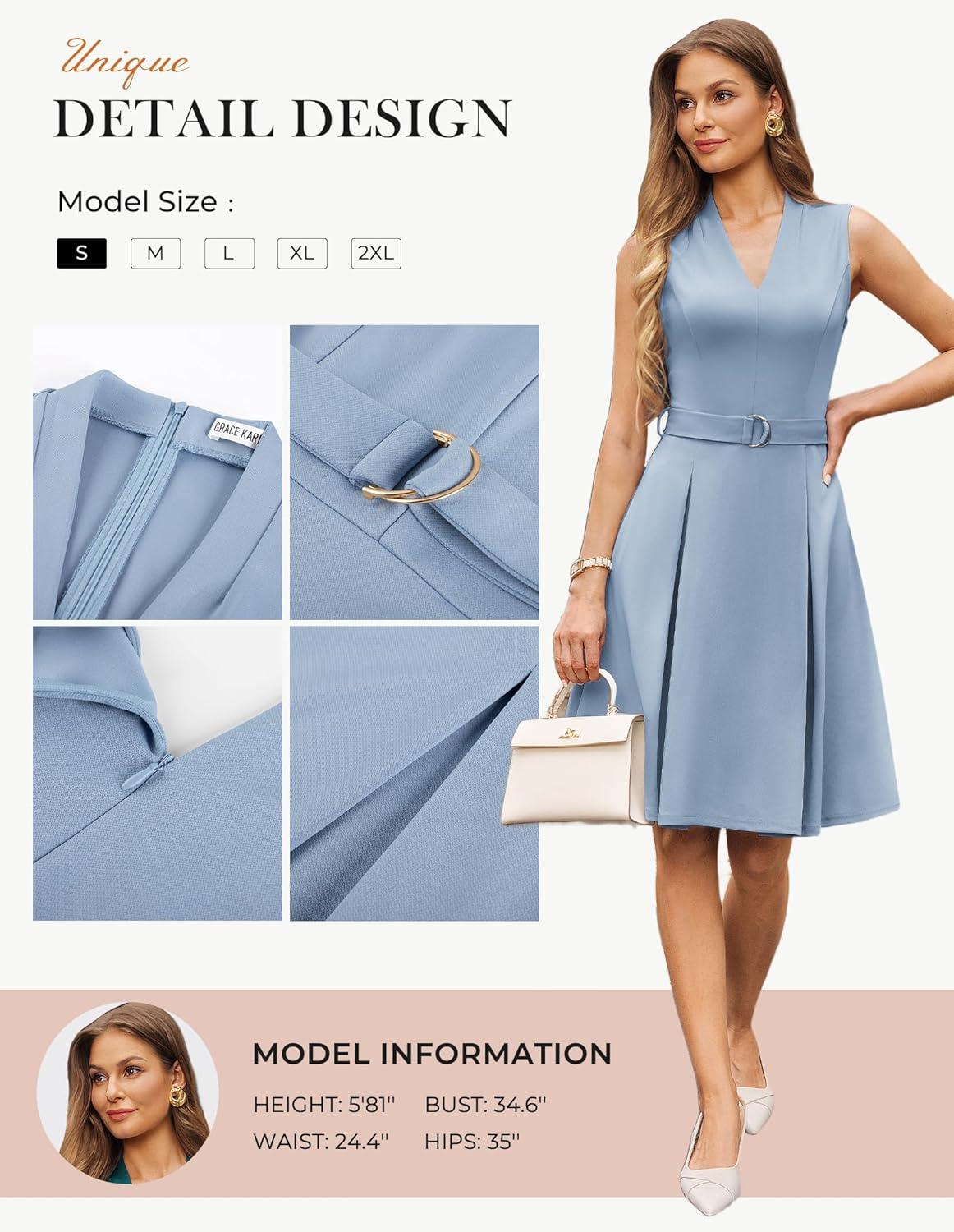 imageGRACE KARIN Work Dresses for Women 2026 V Neck Fit and Flare Midi Dresses Office Business Dress with Belt and PocketsDusty Blue
