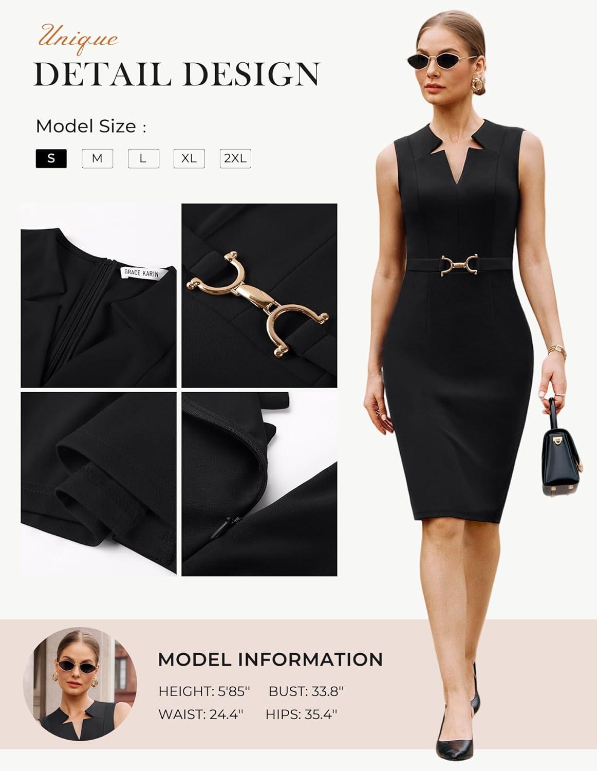 imageGRACE KARIN Work Dresses for Women 2026V Neck Business Office Bodyon DressSleeveless Pencil Semi Formal Midi DressBlack