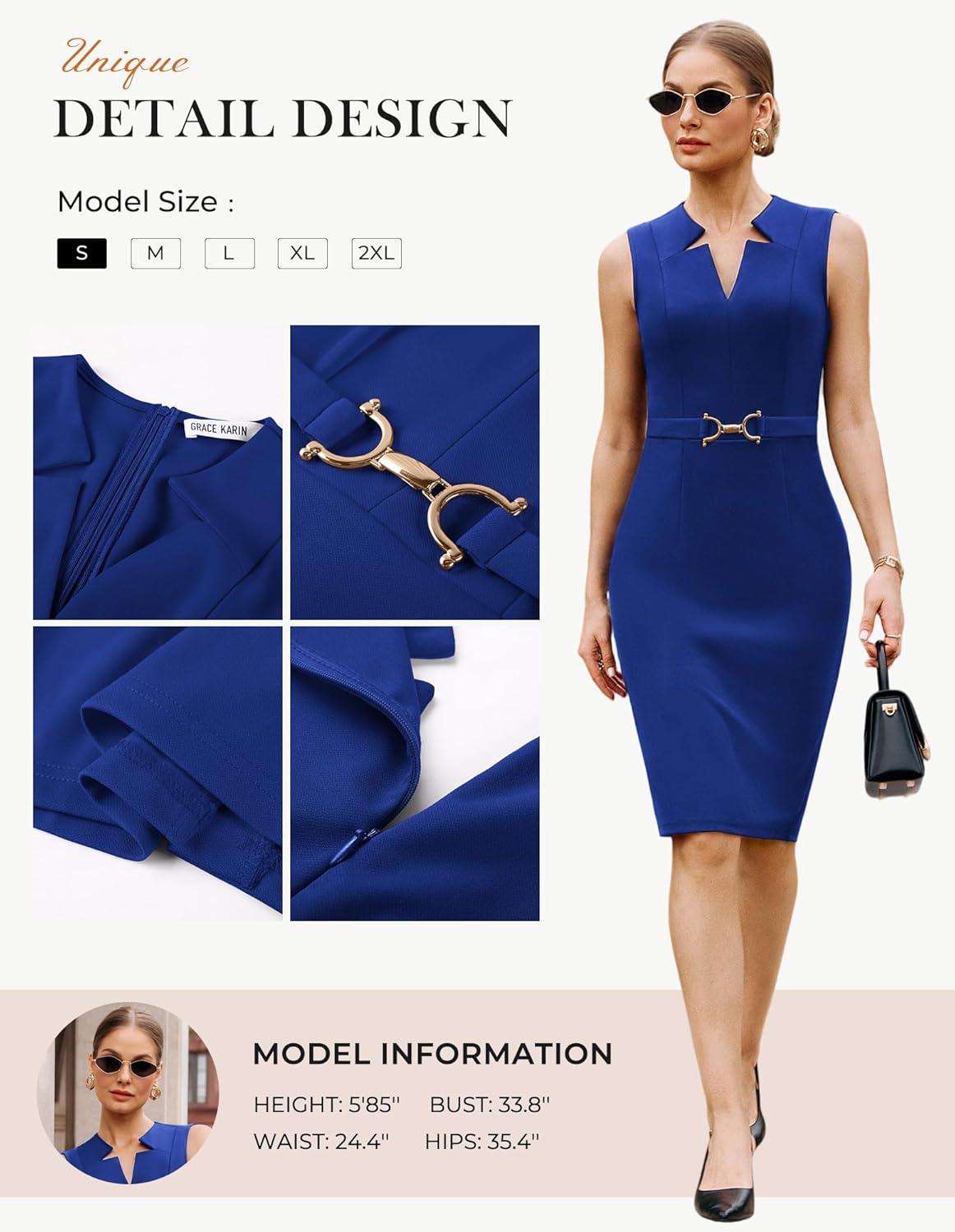 imageGRACE KARIN Work Dresses for Women 2026V Neck Business Office Bodyon DressSleeveless Pencil Semi Formal Midi DressRoral Blue