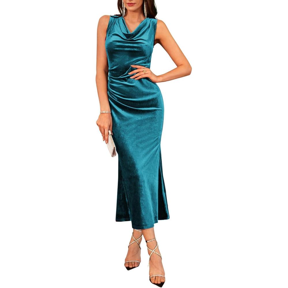imageGRACE KARIN 2025 Velvet Wedding Guest Dresses for Women Winter Formal Cocktail Maxi Dress Cowl Neck Mermaid Evening GownBlue Green