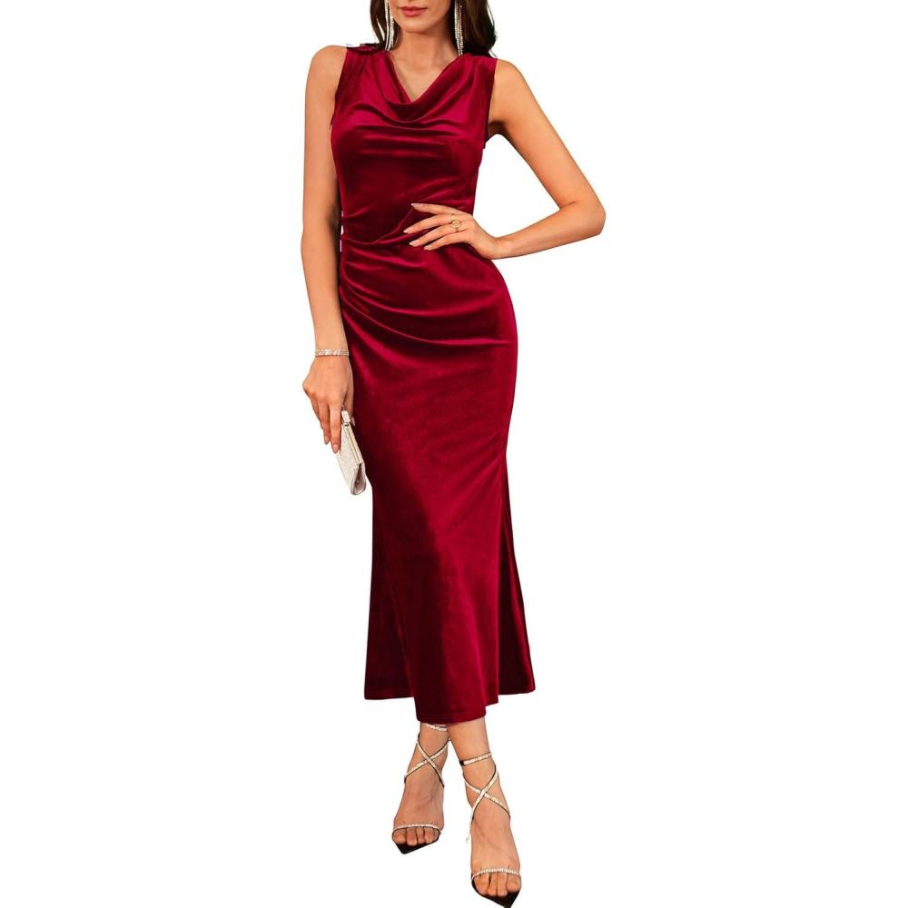 imageGRACE KARIN 2025 Velvet Wedding Guest Dresses for Women Winter Formal Cocktail Maxi Dress Cowl Neck Mermaid Evening GownBright Red