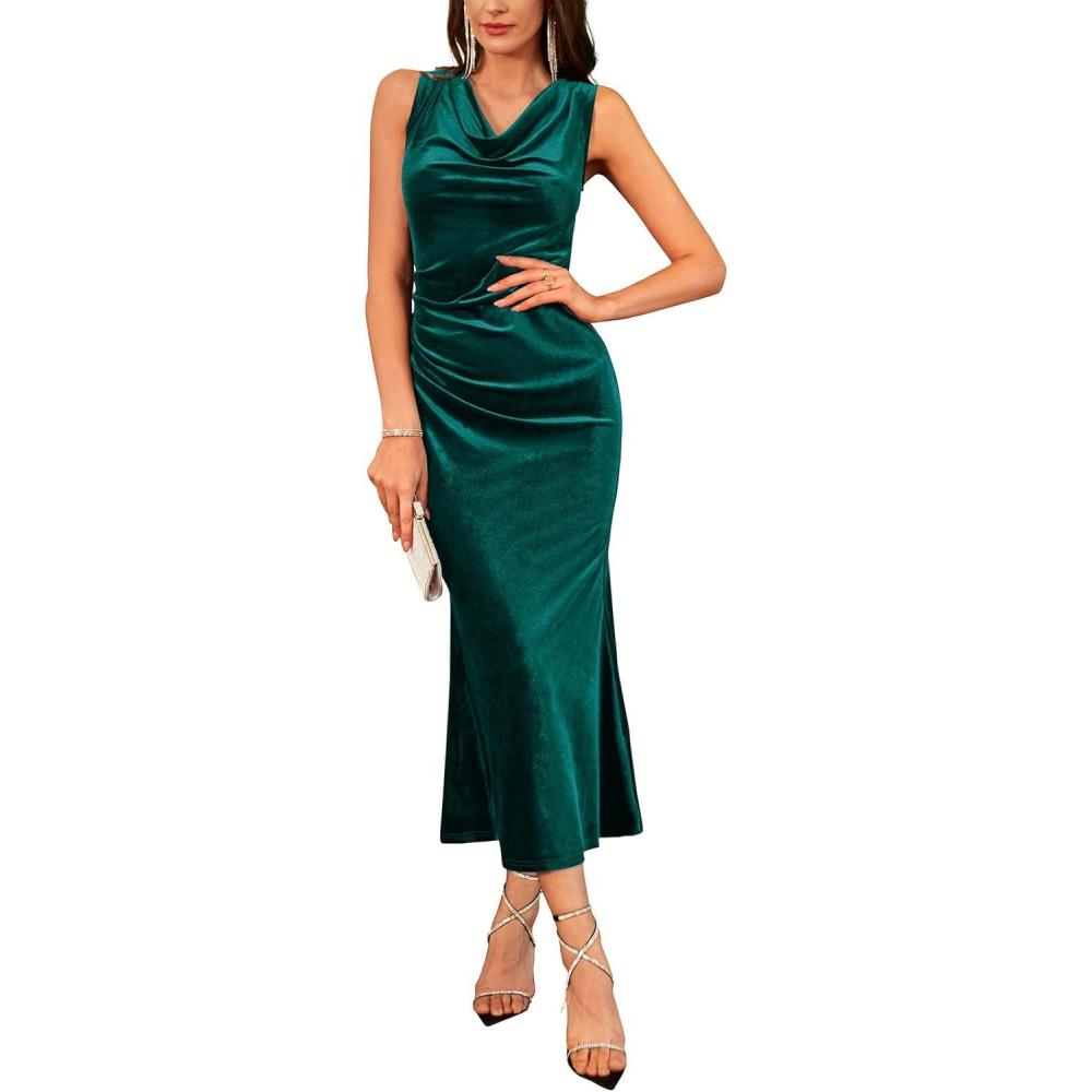 imageGRACE KARIN 2025 Velvet Wedding Guest Dresses for Women Winter Formal Cocktail Maxi Dress Cowl Neck Mermaid Evening GownDark Green