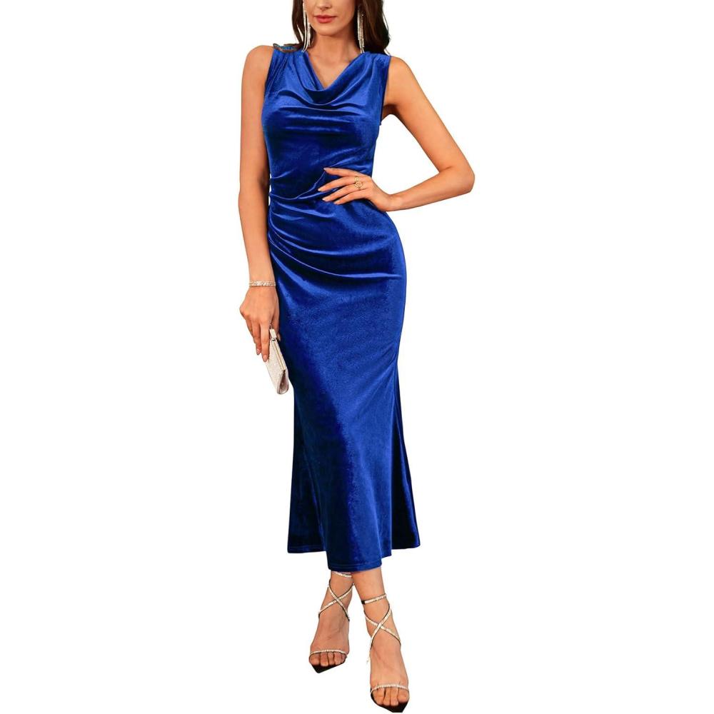 imageGRACE KARIN 2025 Velvet Wedding Guest Dresses for Women Winter Formal Cocktail Maxi Dress Cowl Neck Mermaid Evening GownRoyal Blue