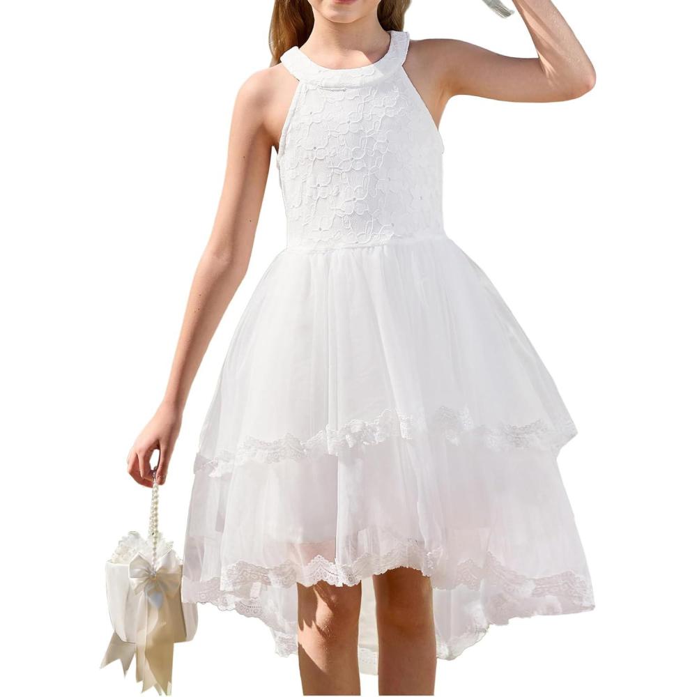 imageGRACE KARIN Flower Girl Dress Kids Wedding Guest Birthday Party Formal Lace Tulle Princess High Low Dresses 510YWhite
