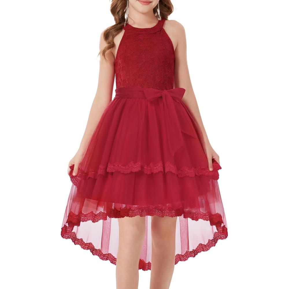 imageGRACE KARIN Flower Girl Dress Kids Wedding Guest Birthday Party Formal Lace Tulle Princess High Low Dresses 510YWine Red