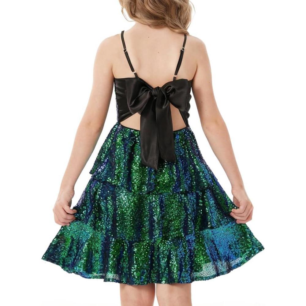 imageGRACE KARIN Girls Sequin Formal Dresses Kids Party Special Occasion Fancy Dress Tie Back 3 Layer Prom Graduation OutfitsFantasy Green