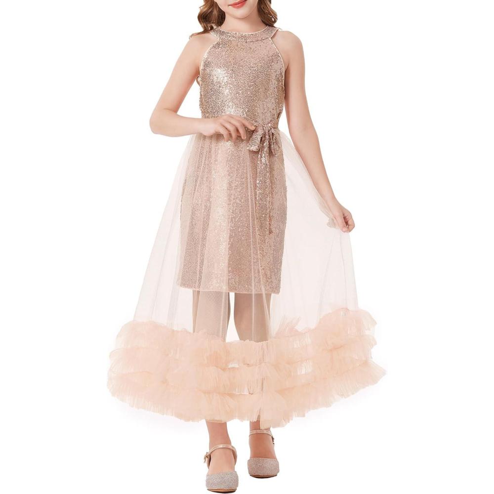 imageGRACE KARIN Girls Sequin Party Dress Formal Sparkly Pageant Tulle Maxi Teen Prom Halter Dresses for 714 YearsGold