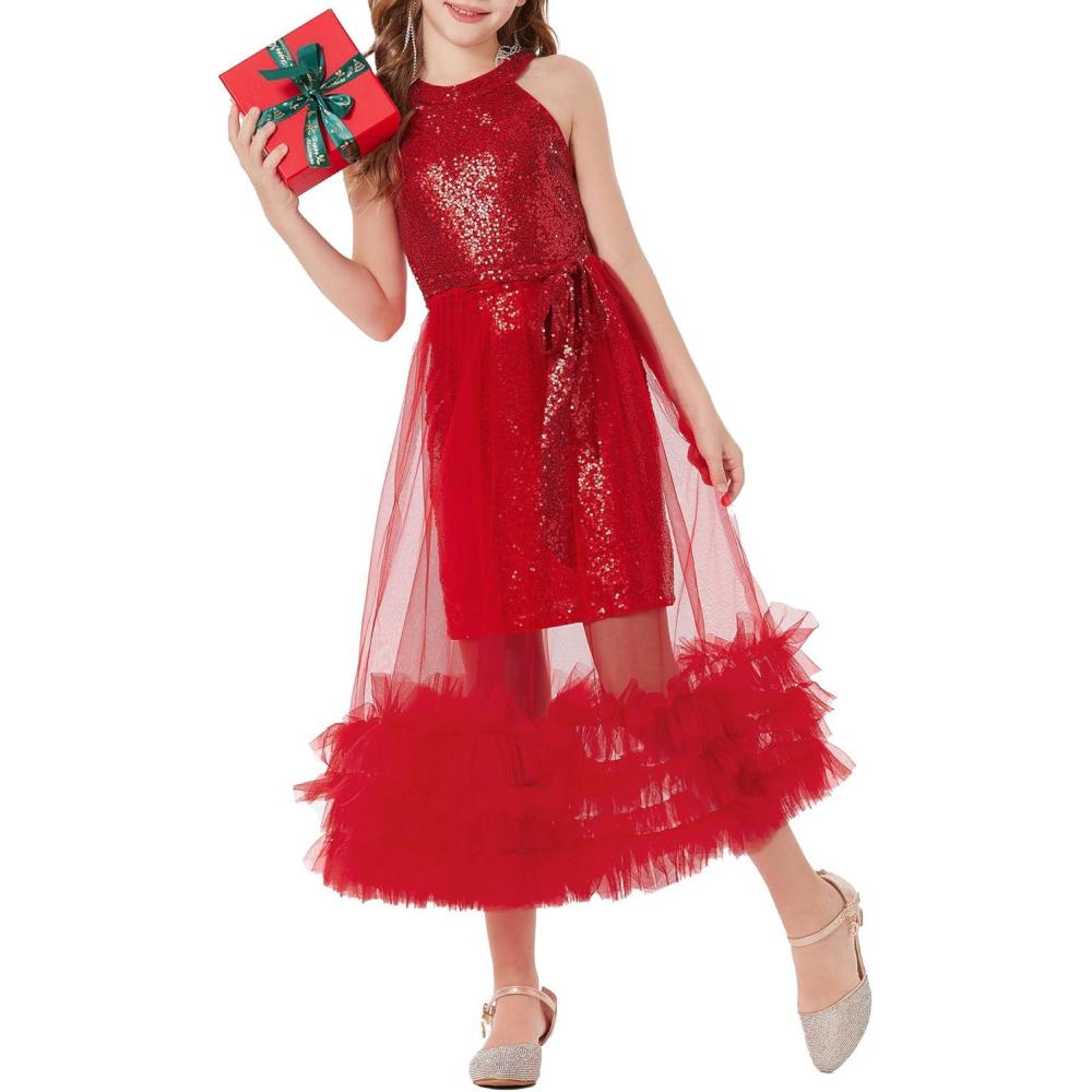imageGRACE KARIN Girls Sequin Party Dress Formal Sparkly Pageant Tulle Maxi Teen Prom Halter Dresses for 714 YearsRed