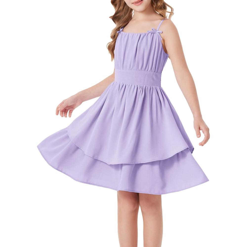 imageGRACE KARIN Girls Summer Cami Dress Casual Party Beach Spaghetti Strap Flowy Tiered Ruched Smocked Sundress 714YearsLight Purple
