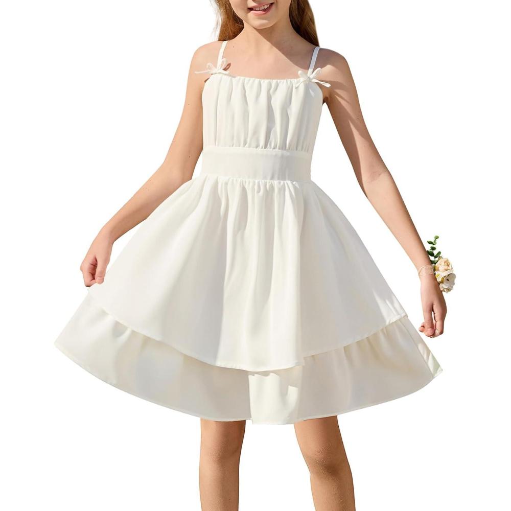 imageGRACE KARIN Girls Summer Cami Dress Casual Party Beach Spaghetti Strap Flowy Tiered Ruched Smocked Sundress 714YearsWhite