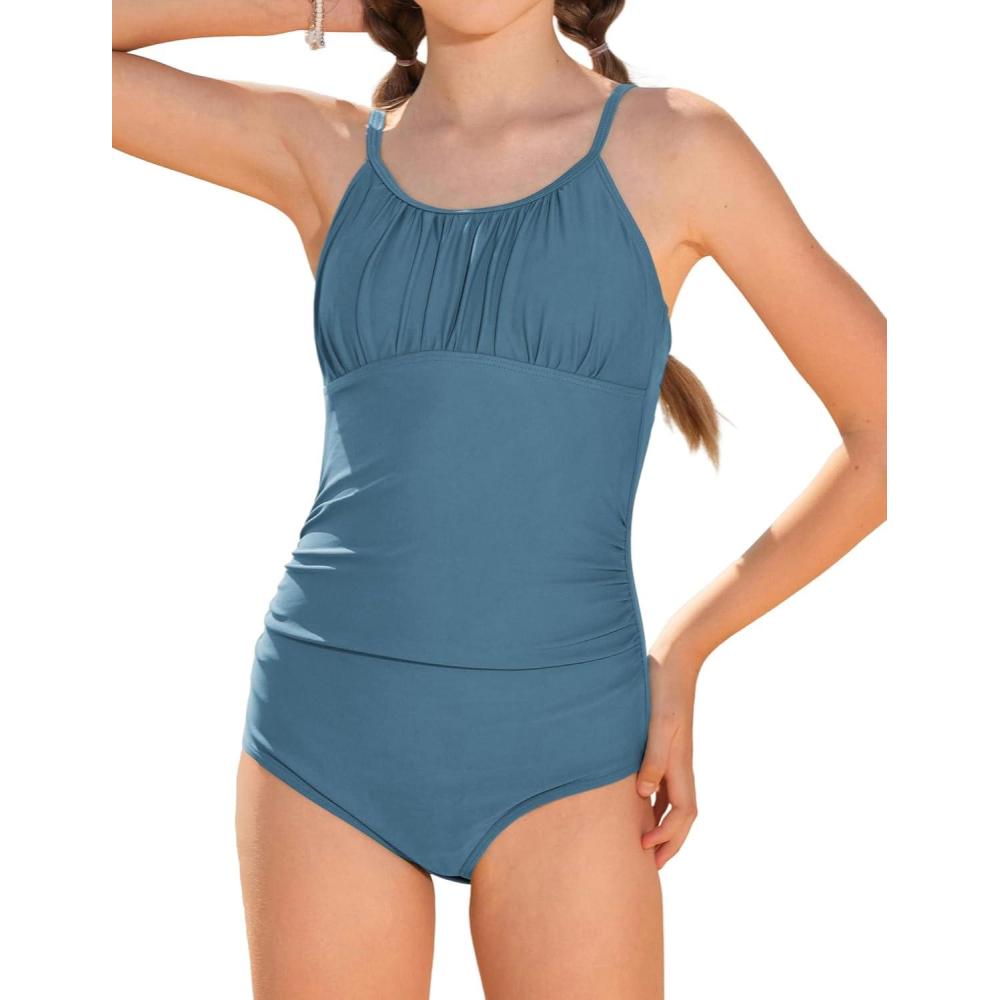 imageGRACE KARIN Girls Swimsuit One Piece Bathing Suits for Teens Ruched Adjustable Straps Padded Swimwear 716yBlue