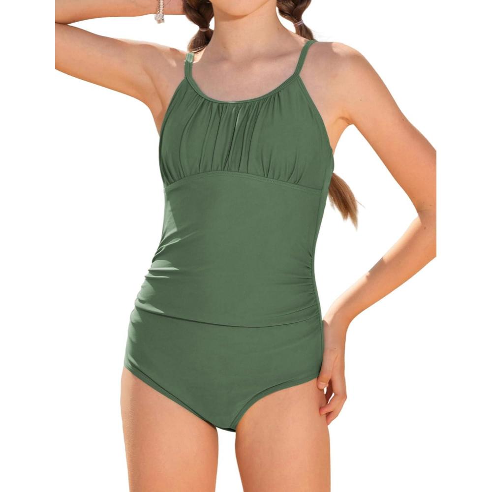 imageGRACE KARIN Girls Swimsuit One Piece Bathing Suits for Teens Ruched Adjustable Straps Padded Swimwear 716yGreen