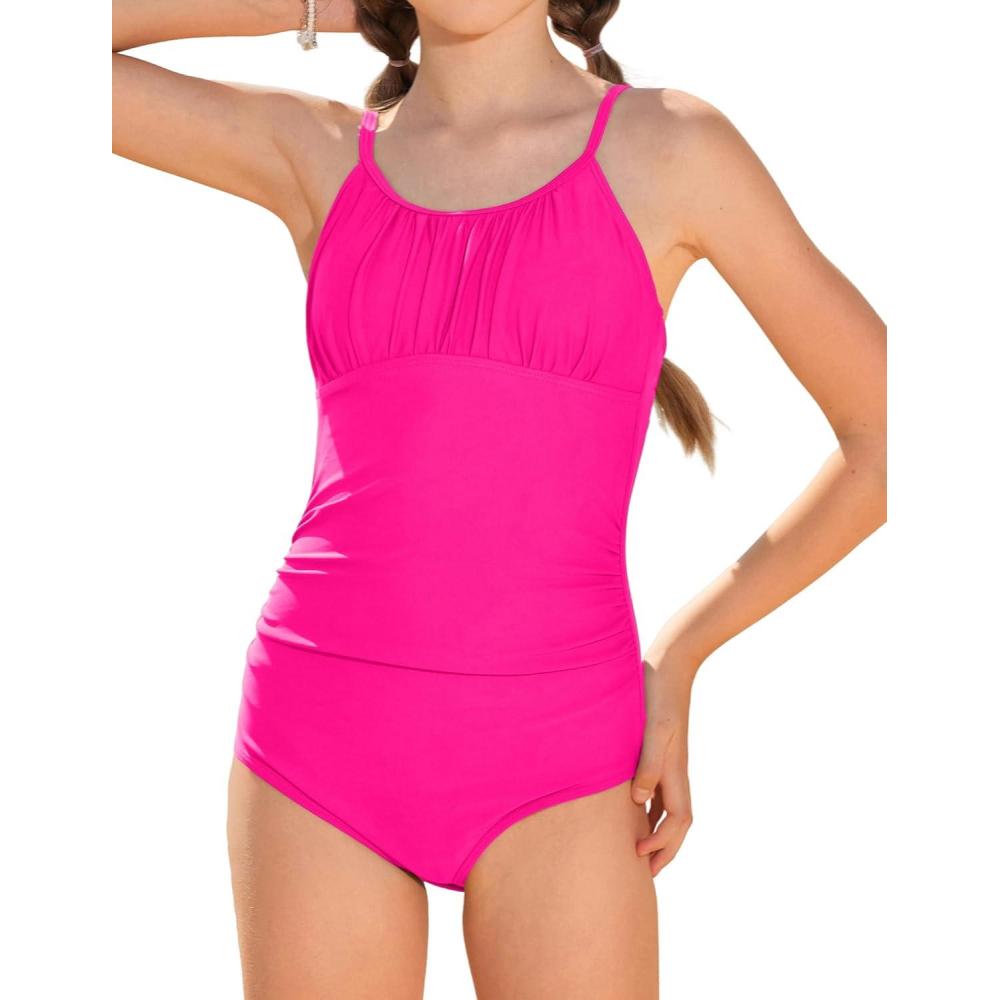 imageGRACE KARIN Girls Swimsuit One Piece Bathing Suits for Teens Ruched Adjustable Straps Padded Swimwear 716yHot Pink
