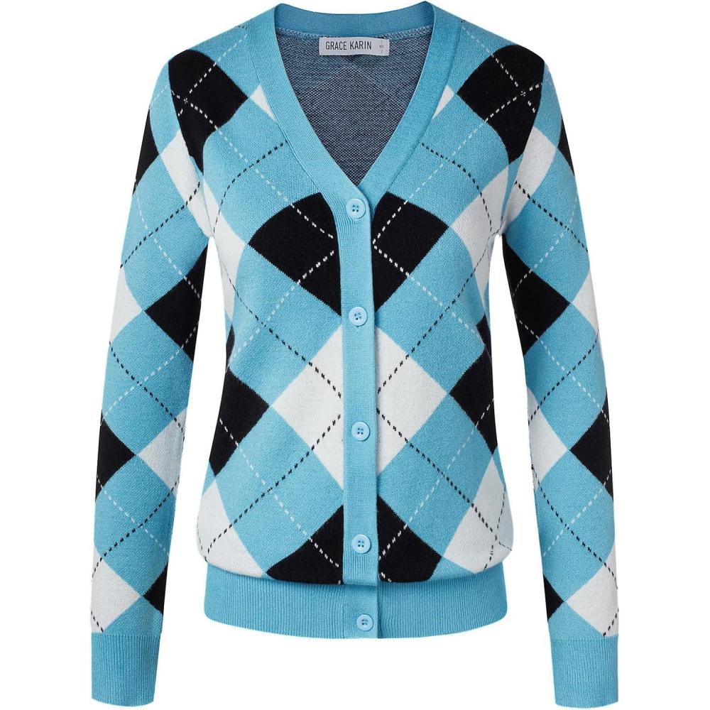 imageGRACE KARIN Womens Cardigan Sweater Fall Fashion Long Sleeve Argyle Sweater V Neck Button Up Cardigan Preppy Winter ClothesBlue White