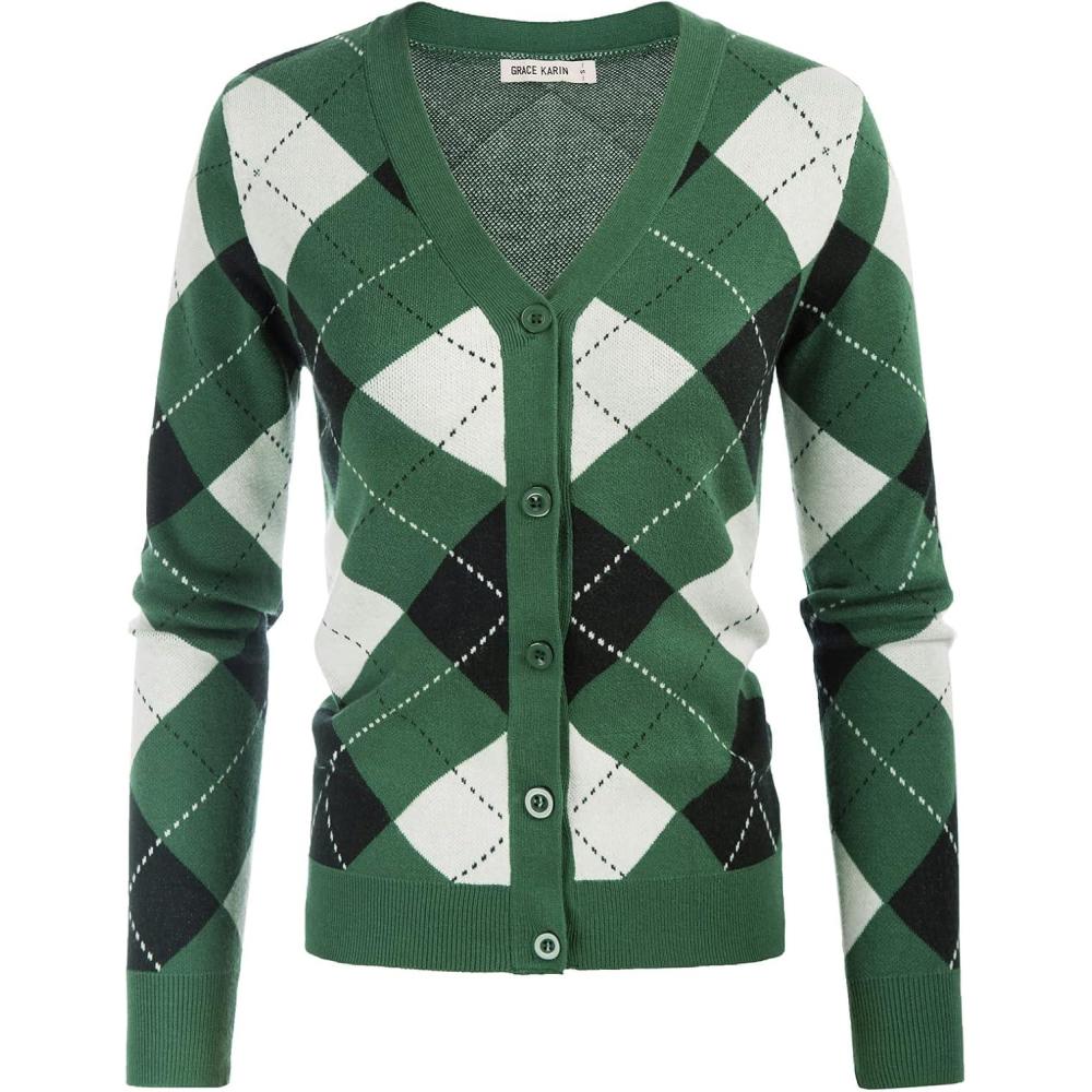 imageGRACE KARIN Womens Cardigan Sweater Fall Fashion Long Sleeve Argyle Sweater V Neck Button Up Cardigan Preppy Winter ClothesPlaid Green White