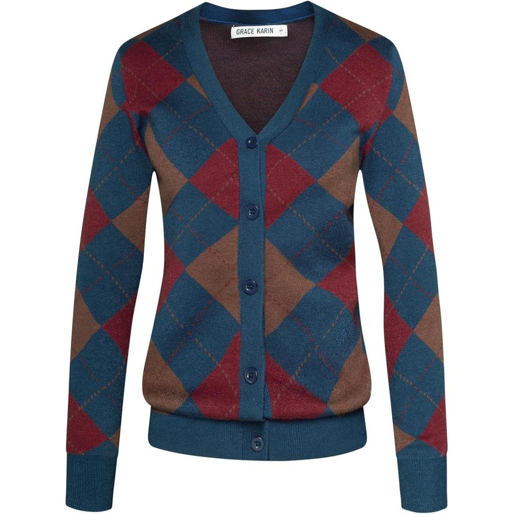 imageGRACE KARIN Womens Cardigan Sweater Fall Fashion Long Sleeve Argyle Sweater V Neck Button Up Cardigan Preppy Winter ClothesRed Blue Coffee