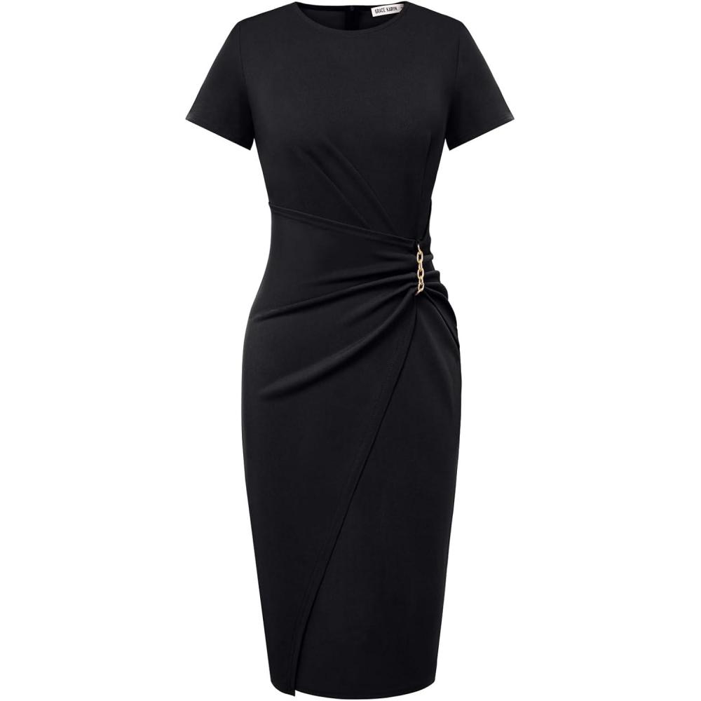 imageGRACE KARIN Work Dresses for Women 2026 Short Sleeve Business Midi Dress Ruched Bodycon Sheath Formal Office OutfitsBlack