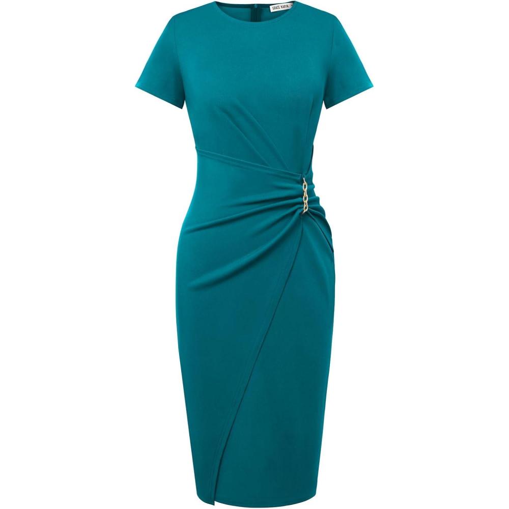 imageGRACE KARIN Work Dresses for Women 2026 Short Sleeve Business Midi Dress Ruched Bodycon Sheath Formal Office OutfitsPeacock Blue