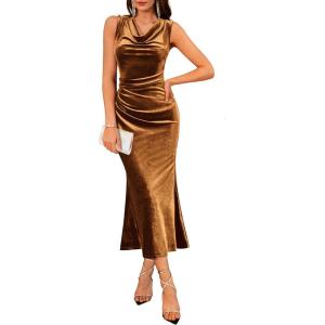 imageGRACE KARIN 2025 Velvet Wedding Guest Dresses for Women Winter Formal Cocktail Maxi Dress Cowl Neck Mermaid Evening GownGold Brown