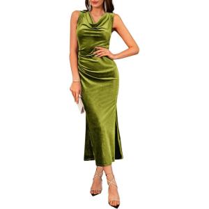 imageGRACE KARIN 2025 Velvet Wedding Guest Dresses for Women Winter Formal Cocktail Maxi Dress Cowl Neck Mermaid Evening GownOlive Green