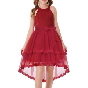 imageGRACE KARIN Flower Girl Dress Kids Wedding Guest Birthday Party Formal Lace Tulle Princess High Low Dresses 510YWine Red