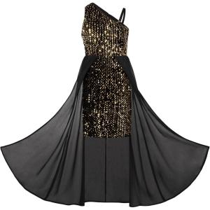 imageGRACE KARIN Girls Sequin Dress One Sleeve Formal Pageant Prom Party Special Occasion Dresses Size 514Black Gold