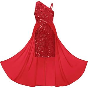 imageGRACE KARIN Girls Sequin Dress One Sleeve Formal Pageant Prom Party Special Occasion Dresses Size 514Red
