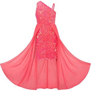 imageGRACE KARIN Girls Sequin Dress One Sleeve Formal Pageant Prom Party Special Occasion Dresses Size 514Watermelon Red