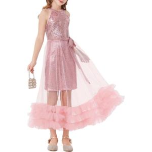 imageGRACE KARIN Girls Sequin Party Dress Formal Sparkly Pageant Tulle Maxi Teen Prom Halter Dresses for 714 YearsPink