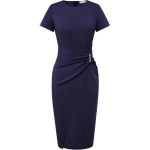 imageGRACE KARIN Work Dresses for Women 2026 Short Sleeve Business Midi Dress Ruched Bodycon Sheath Formal Office OutfitsNavy Blue