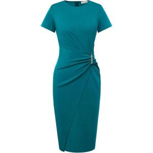 imageGRACE KARIN Work Dresses for Women 2026 Short Sleeve Business Midi Dress Ruched Bodycon Sheath Formal Office OutfitsPeacock Blue