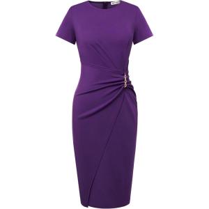 imageGRACE KARIN Work Dresses for Women 2026 Short Sleeve Business Midi Dress Ruched Bodycon Sheath Formal Office OutfitsPurple