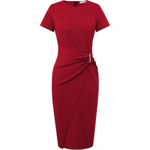 imageGRACE KARIN Work Dresses for Women 2026 Short Sleeve Business Midi Dress Ruched Bodycon Sheath Formal Office OutfitsRed