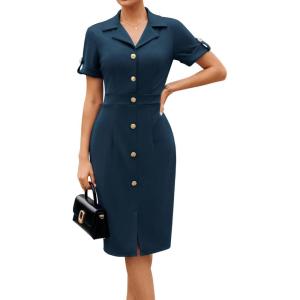 imageGRACE KARIN Work Dresses for Women 2026 Short Sleeve Button Bodycon Dress Pencil Office Midi Dress with PocketsNavy Blue