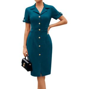 imageGRACE KARIN Work Dresses for Women 2026 Short Sleeve Button Bodycon Dress Pencil Office Midi Dress with PocketsPeacock Blue