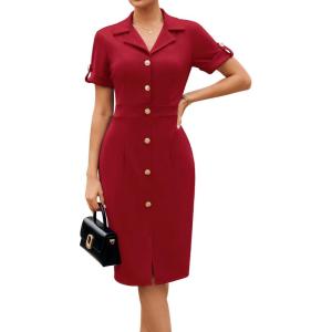 imageGRACE KARIN Work Dresses for Women 2026 Short Sleeve Button Bodycon Dress Pencil Office Midi Dress with PocketsRed