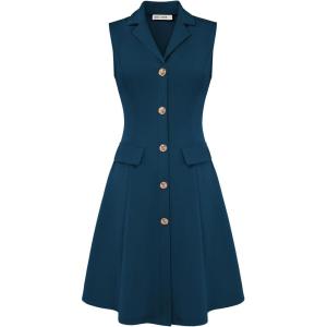 imageGRACE KARIN Work Dresses for Women 2026 Sleeveless Button Business Midi Dress Notch Lapel V Neck Formal Office A Line DressesPeacock Blue