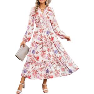 imageWomen Long Sleeve Midi Dress Boho Floral Casual Flowy A Line Dresses Spring Elegant Classy Dress with PocketApricot