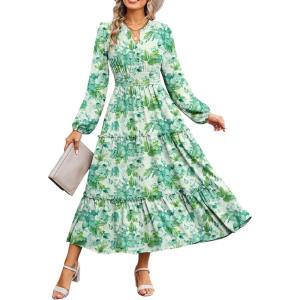 imageWomen Long Sleeve Midi Dress Boho Floral Casual Flowy A Line Dresses Spring Elegant Classy Dress with PocketGreen