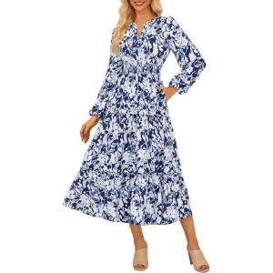 imageWomen Long Sleeve Midi Dress Boho Floral Casual Flowy A Line Dresses Spring Elegant Classy Dress with PocketNavy