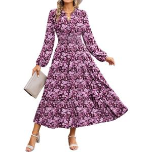 imageWomen Long Sleeve Midi Dress Boho Floral Casual Flowy A Line Dresses Spring Elegant Classy Dress with PocketPurple