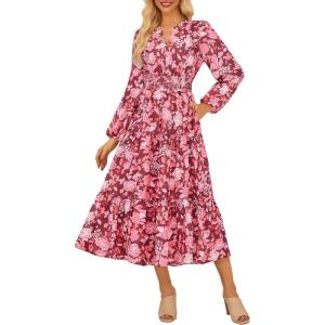 imageWomen Long Sleeve Midi Dress Boho Floral Casual Flowy A Line Dresses Spring Elegant Classy Dress with PocketRed Pink
