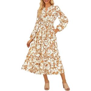 imageWomen Long Sleeve Midi Dress Boho Floral Casual Flowy A Line Dresses Spring Elegant Classy Dress with PocketYellow