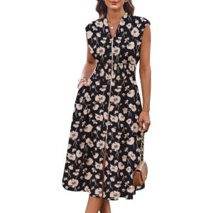 imageGRACE KARIN Womens Summer Casual Dress Business Office Work Dresses Cap Sleeve Zipper Front Flowy Midi Dress with PocketsBlack Floral