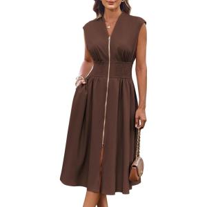 imageGRACE KARIN Womens Summer Casual Dress Business Office Work Dresses Cap Sleeve Zipper Front Flowy Midi Dress with PocketsBrown