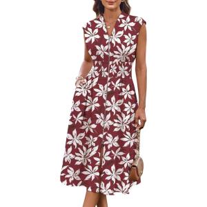 imageGRACE KARIN Womens Summer Casual Dress Business Office Work Dresses Cap Sleeve Zipper Front Flowy Midi Dress with PocketsBurgundy Floral