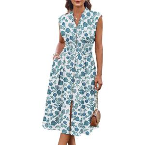 imageGRACE KARIN Womens Summer Casual Dress Business Office Work Dresses Cap Sleeve Zipper Front Flowy Midi Dress with PocketsGreen Floral