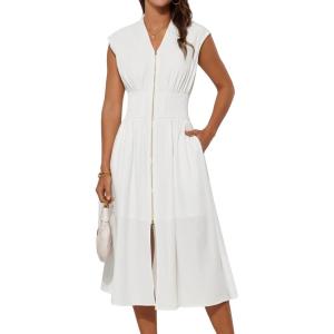 imageGRACE KARIN Womens Summer Casual Dress Business Office Work Dresses Cap Sleeve Zipper Front Flowy Midi Dress with PocketsIvory